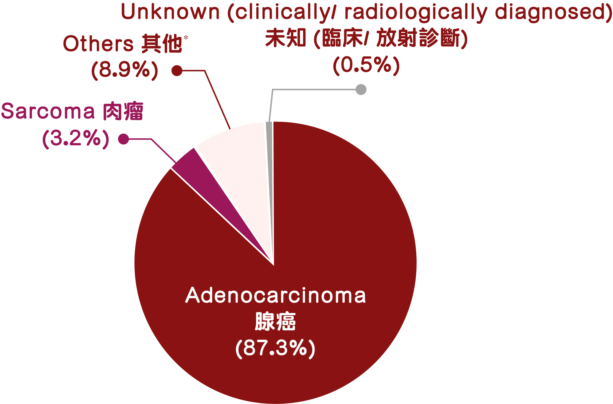 Adenocarcinoma 腺癌(87.3%)
Sarcoma 肉瘤 (3.2%)
Others 其他 (8.9%) 
Unknown (clinically/radiologically diagnosed) 未知（臨床/放射診斷）(0.5%)